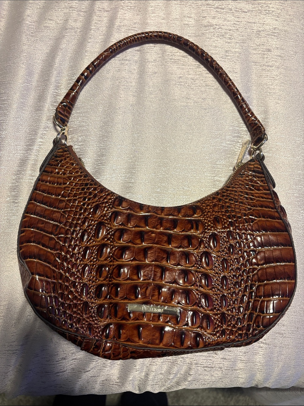 Brahmin Croc-Embossed Shoulder Bag in Rich Brown